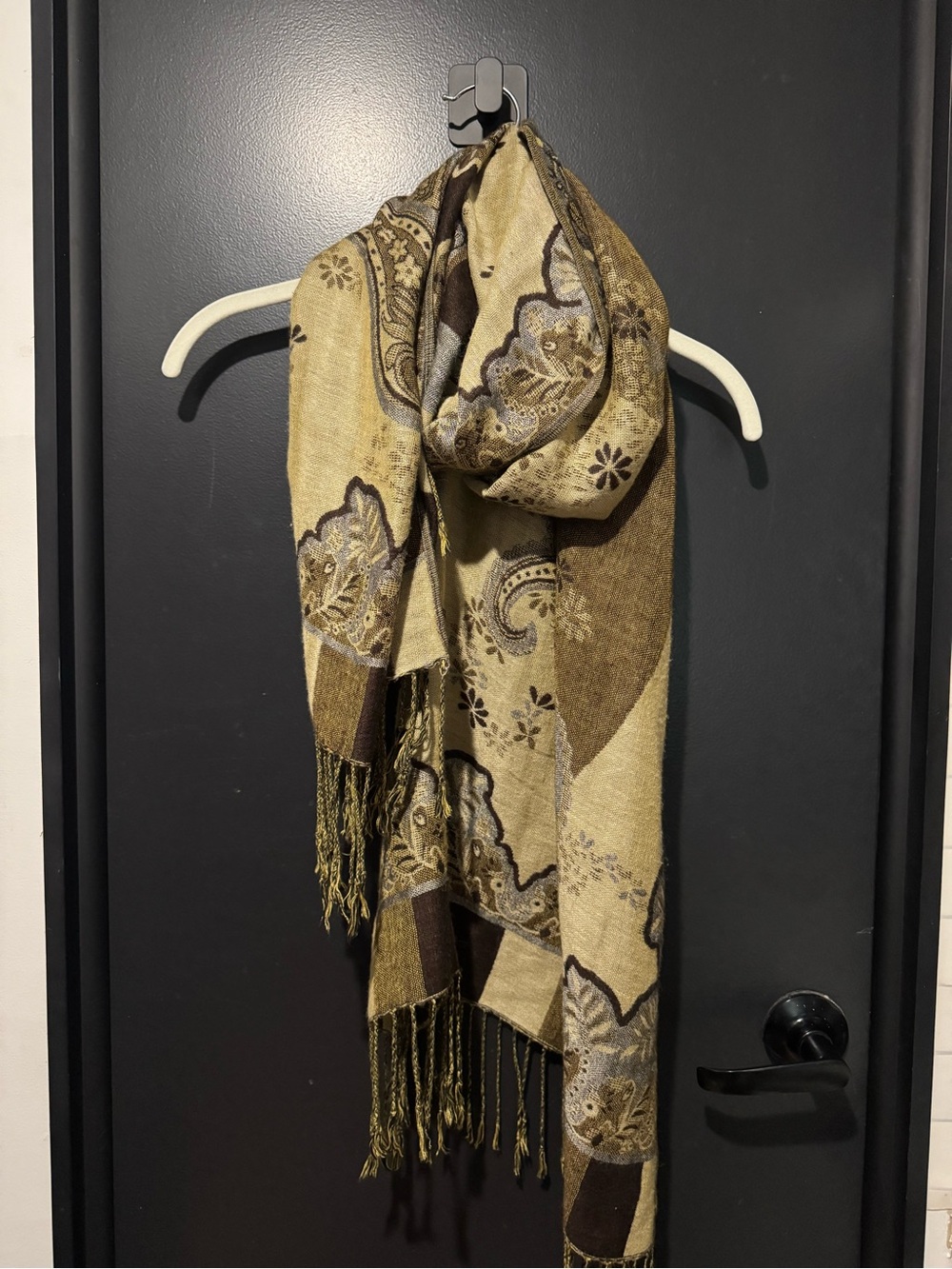 pashmina Olive and Brown Paisley Pashmina Scarf with Fringe